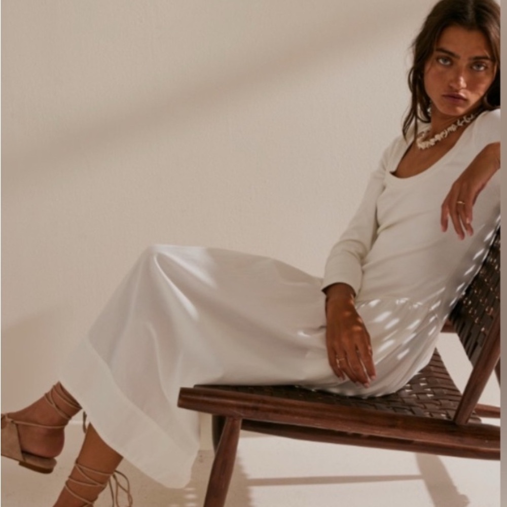 Free People Cream Sundress with 3/4 Sleeves and Square Neck